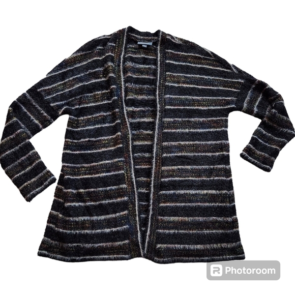 Modcloth Fuzzy Black Multicolor Metallic Striped Open Front Cardigan sz L - Picture 3 of 7